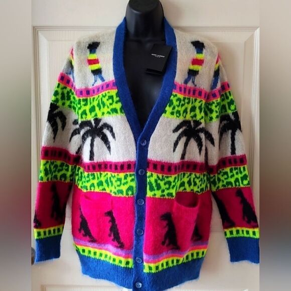 Saint Lauren Jacquard Mohair Dinosaur Cardigan in Multi Size XS - Picture 4 of 14